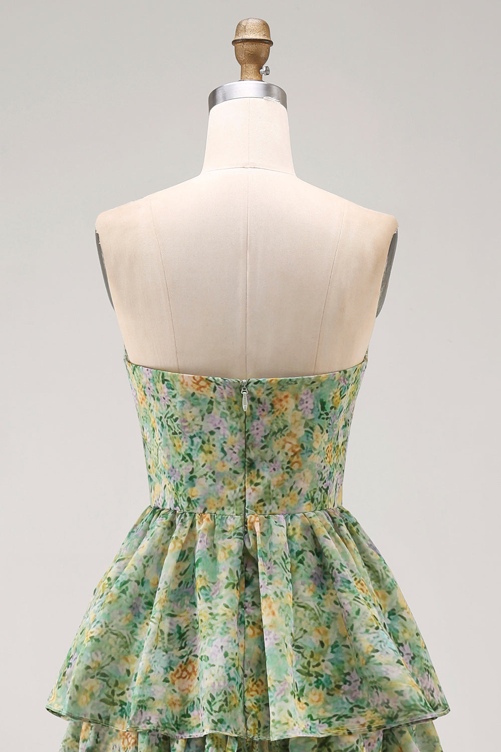 Tiered Strapless Pleated Dusty Green Printed Wedding Guest Dress