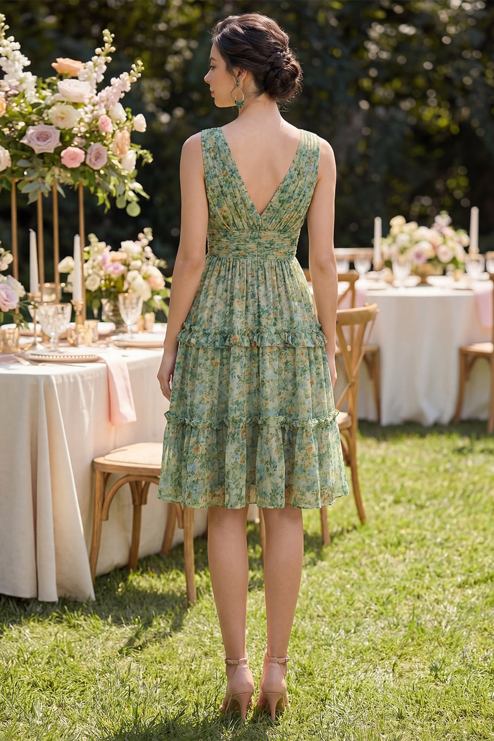 Pleated A Line Dusty Green Ruffled Wedding Guest Dress