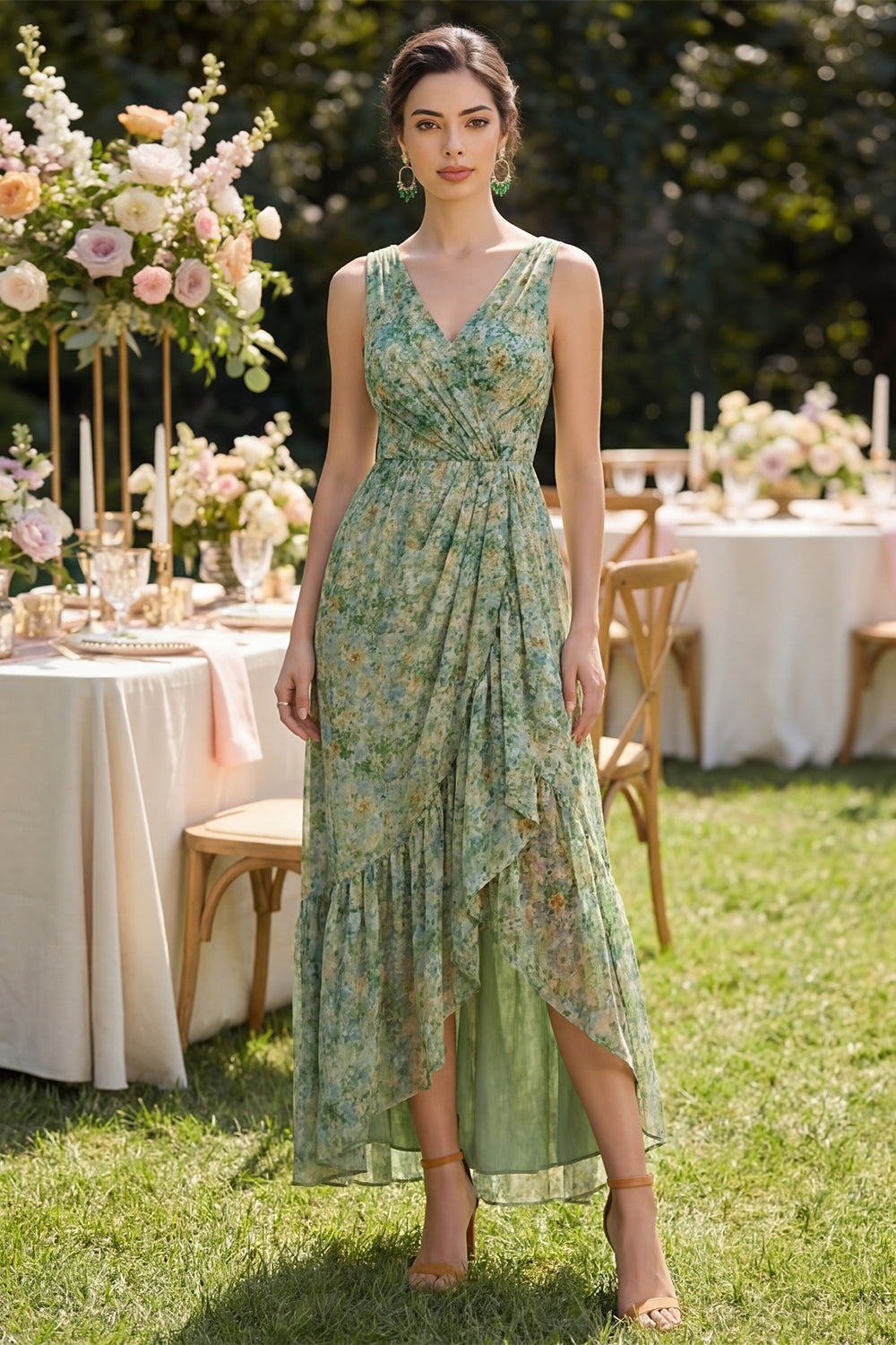 High Low Ruched A Line Dusty Green Wedding Guest Dress with Ruffles