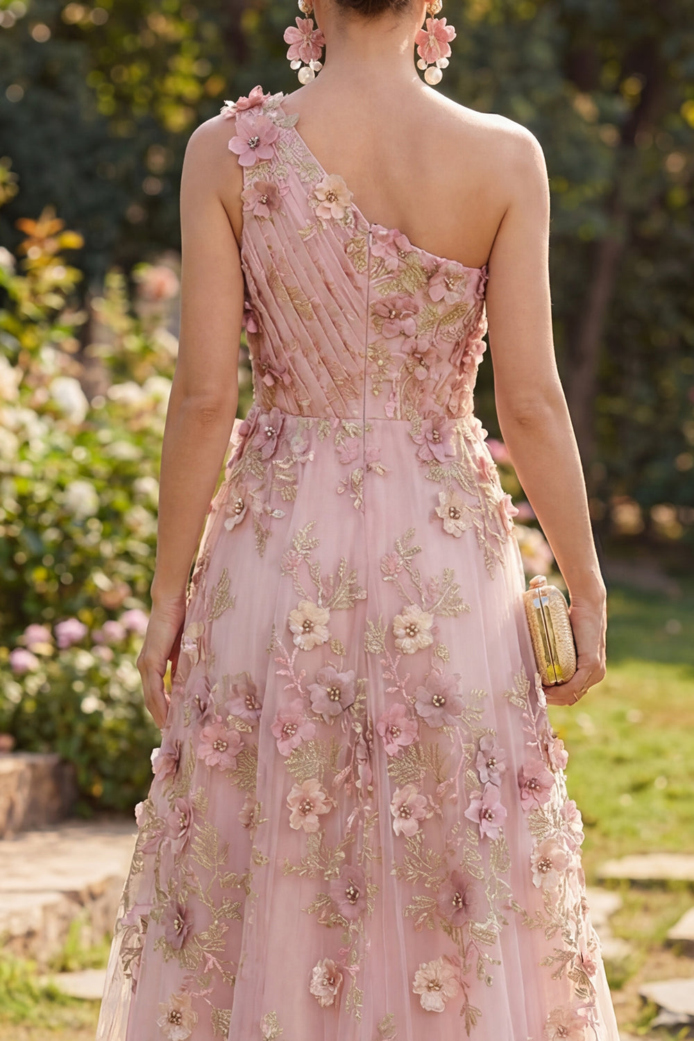 One Shoulder Ruched A Line Floral Pink Appliqued Wedding Guest Dress