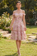 Off the Shoulder Pink A Line Floral Tiered Appliqued Wedding Guest Dress