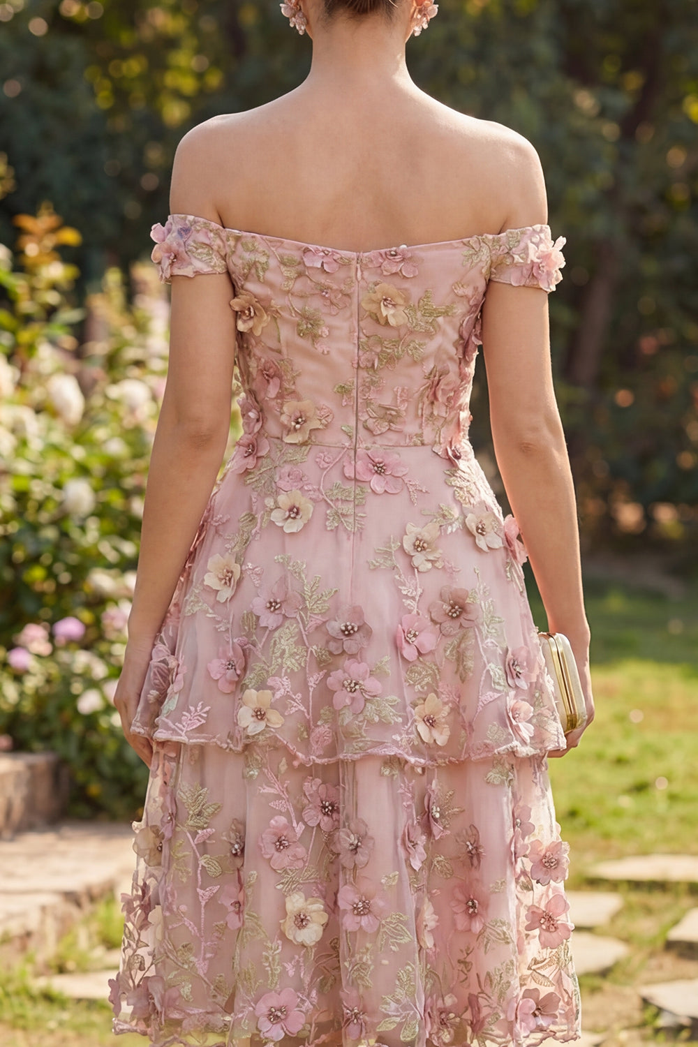 Off the Shoulder Pink A Line Floral Tiered Appliqued Wedding Guest Dress