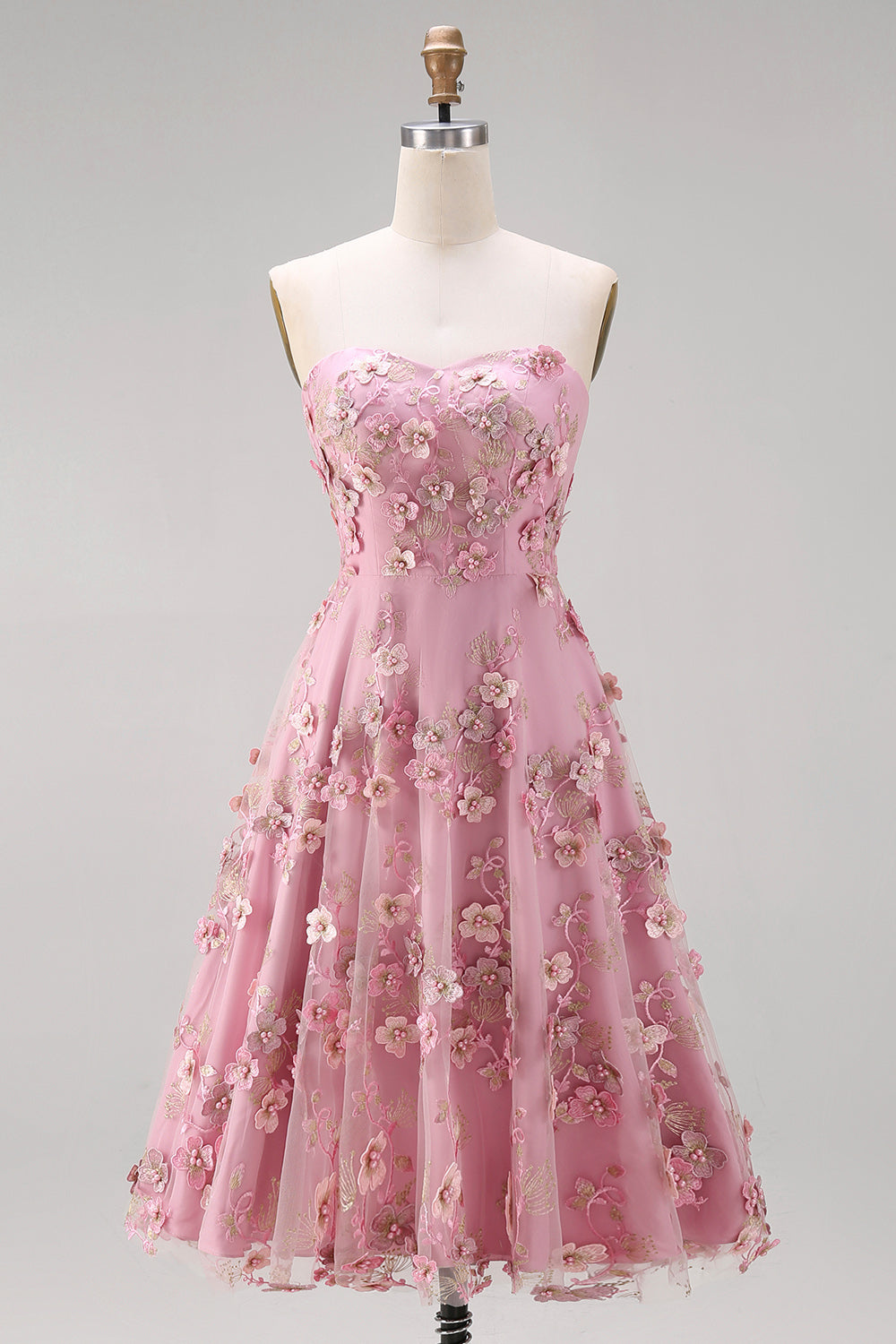 Strapless A Line Floral Pink Appliqued Wedding Guest Dress