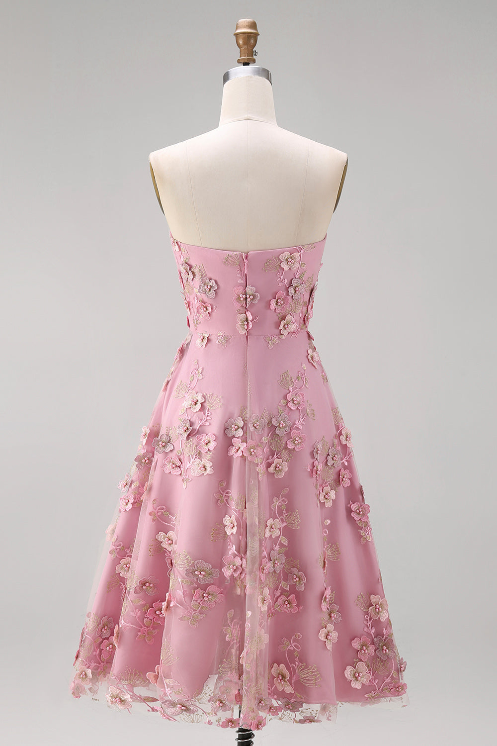 Strapless A Line Floral Pink Appliqued Wedding Guest Dress