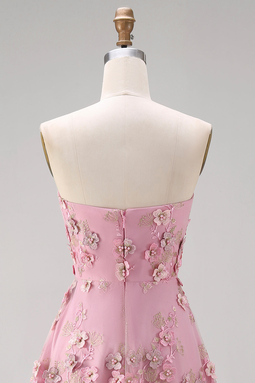 Strapless A Line Floral Pink Appliqued Wedding Guest Dress