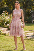 Pink Floral A Line Sleeveless Appliqued Midi Wedding Guest Dress