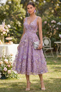 Floral A Line Lilac Sleeveless Appliqued Midi Wedding Guest Dress