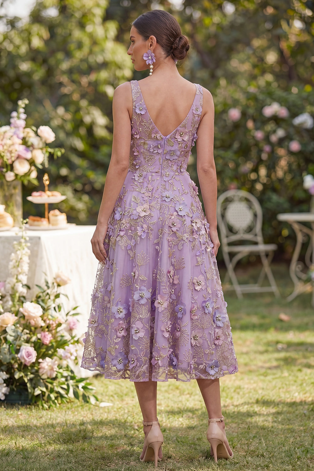 Floral A Line Lilac Sleeveless Appliqued Midi Wedding Guest Dress
