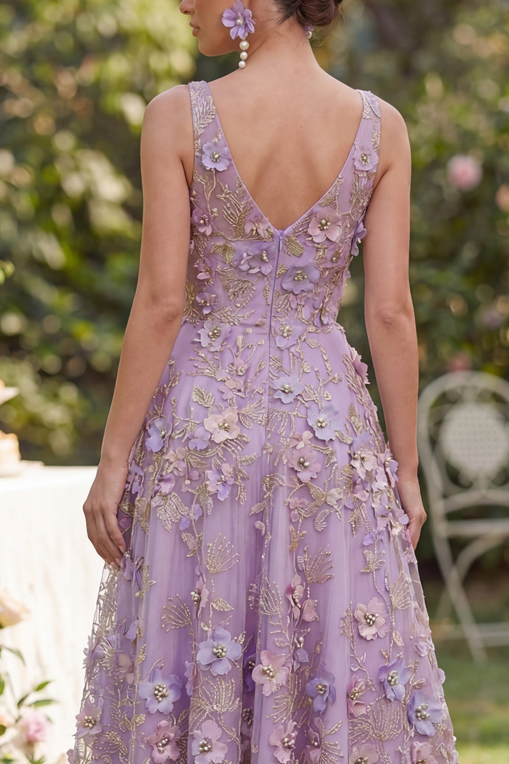 Floral A Line Lilac Sleeveless Appliqued Midi Wedding Guest Dress