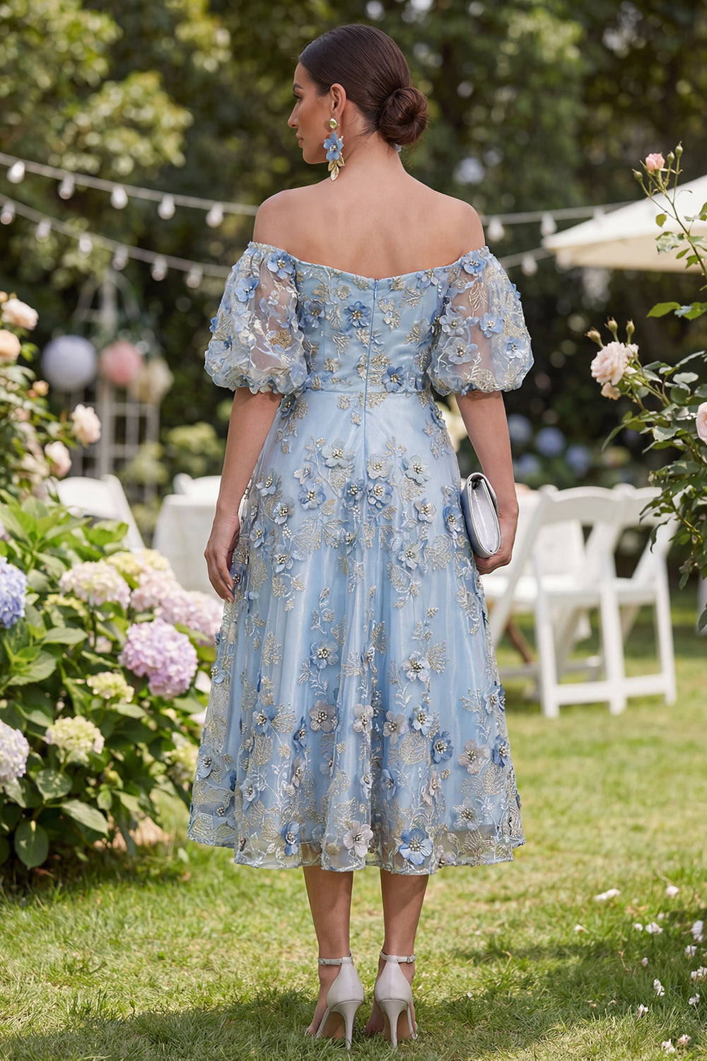 Off the Shoulder Floral A Line Blue Ruched Wedding Guest Dress
