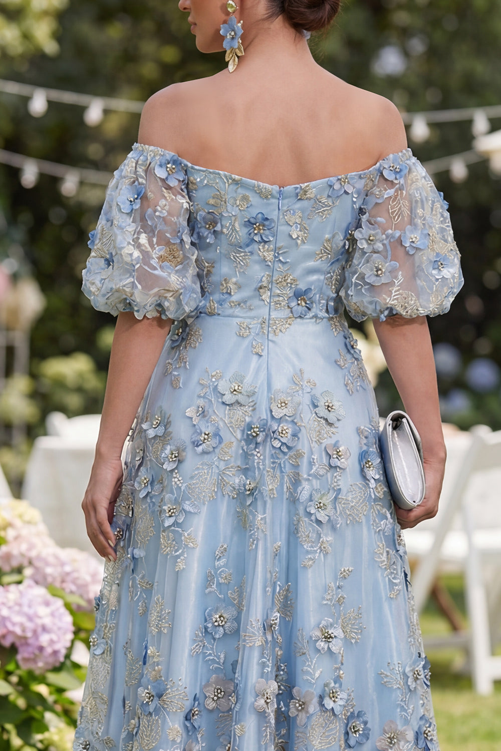 Off the Shoulder Floral A Line Blue Ruched Wedding Guest Dress