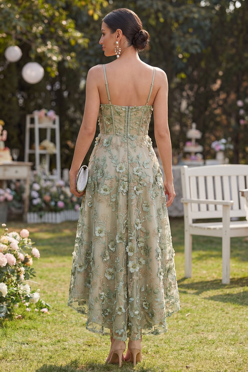 Corset High Low Dusty Green Floral A Line Wedding Guest Dress