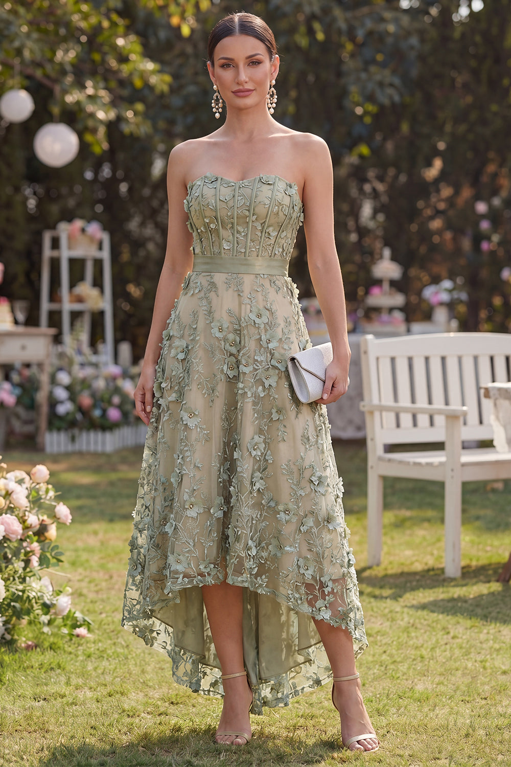 High Low Strapless Corset Dusty Green Floral A Line Wedding Guest Dress