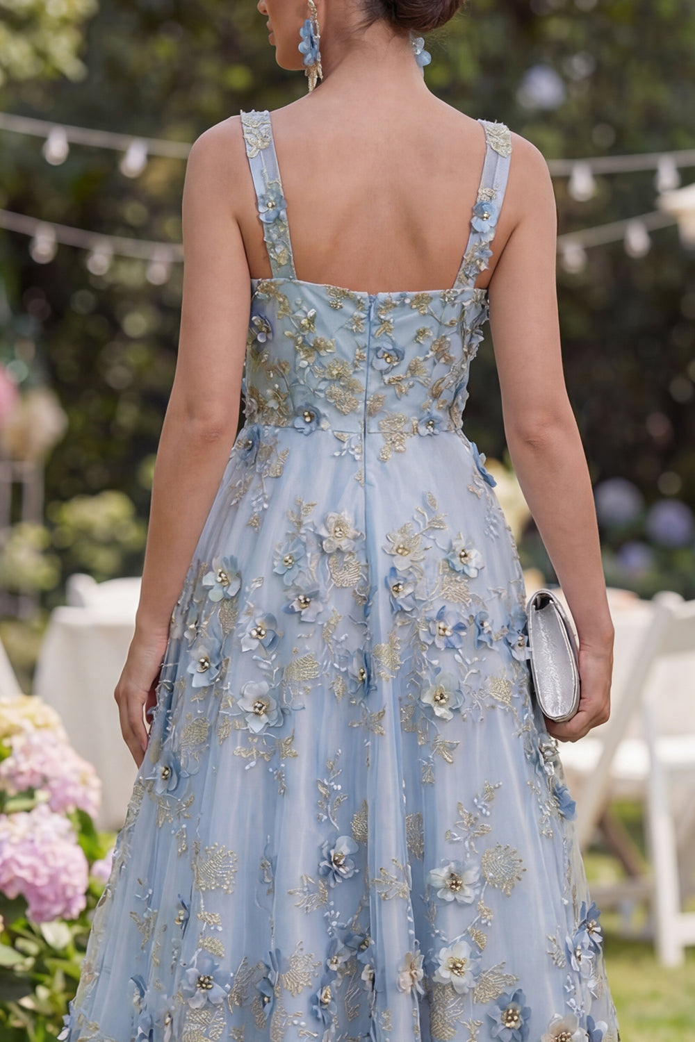 Floral Blue Appliqued A Line Ruched Midi Wedding Guest Dress