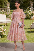 Off the Shoulder Floral Pink Appliqued A Line Wedding Guest Dress
