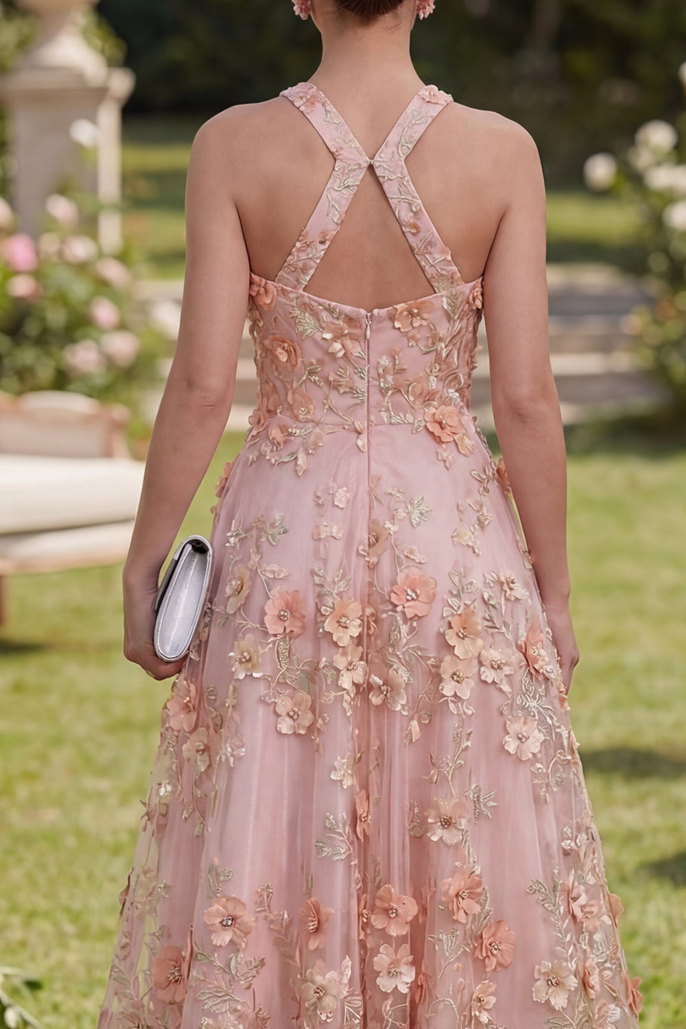 Halter Cut Out Floral Pink Appliqued A Line Wedding Guest Dress