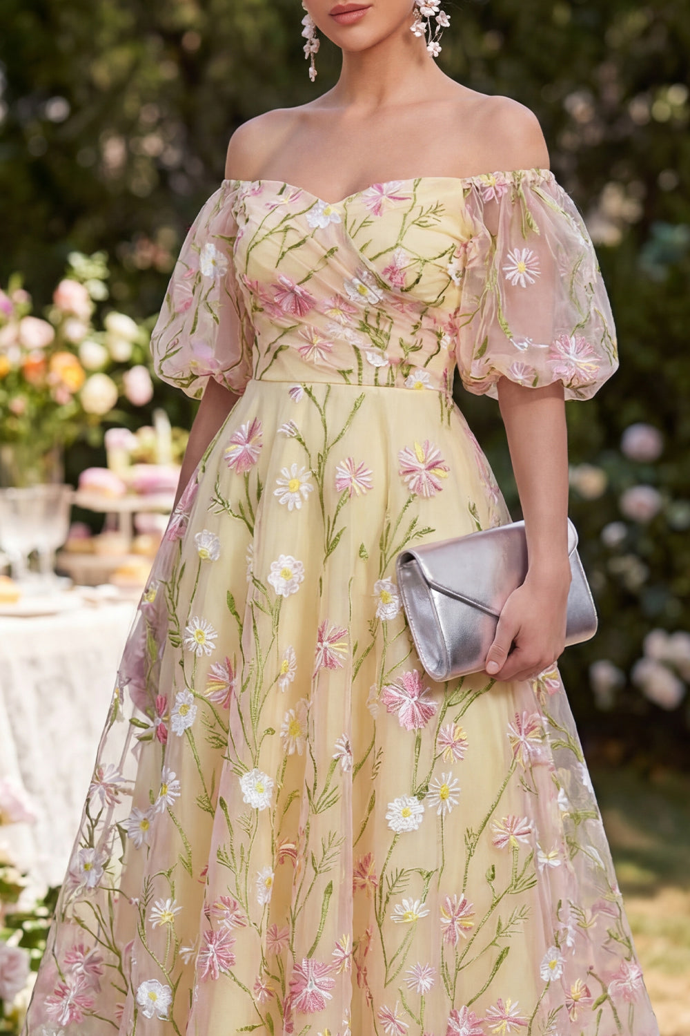 Off the Shoulder A Line Floral Light Yellow Wedding Guest Dress