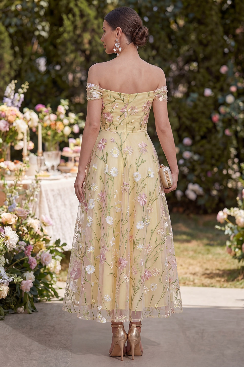 Light Yellow Floral Off the Shoulder A Line Ruched Wedding Guest Dress