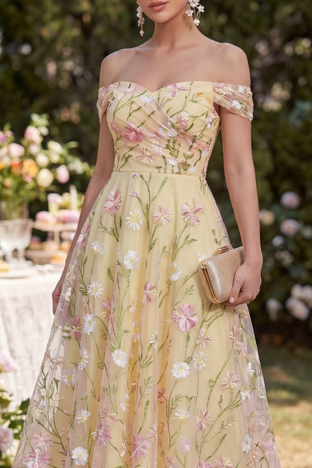 Light Yellow Floral Off the Shoulder A Line Ruched Wedding Guest Dress