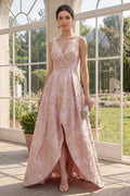 High Low Floral Blush A Line Brocade Wedding Guest Dress