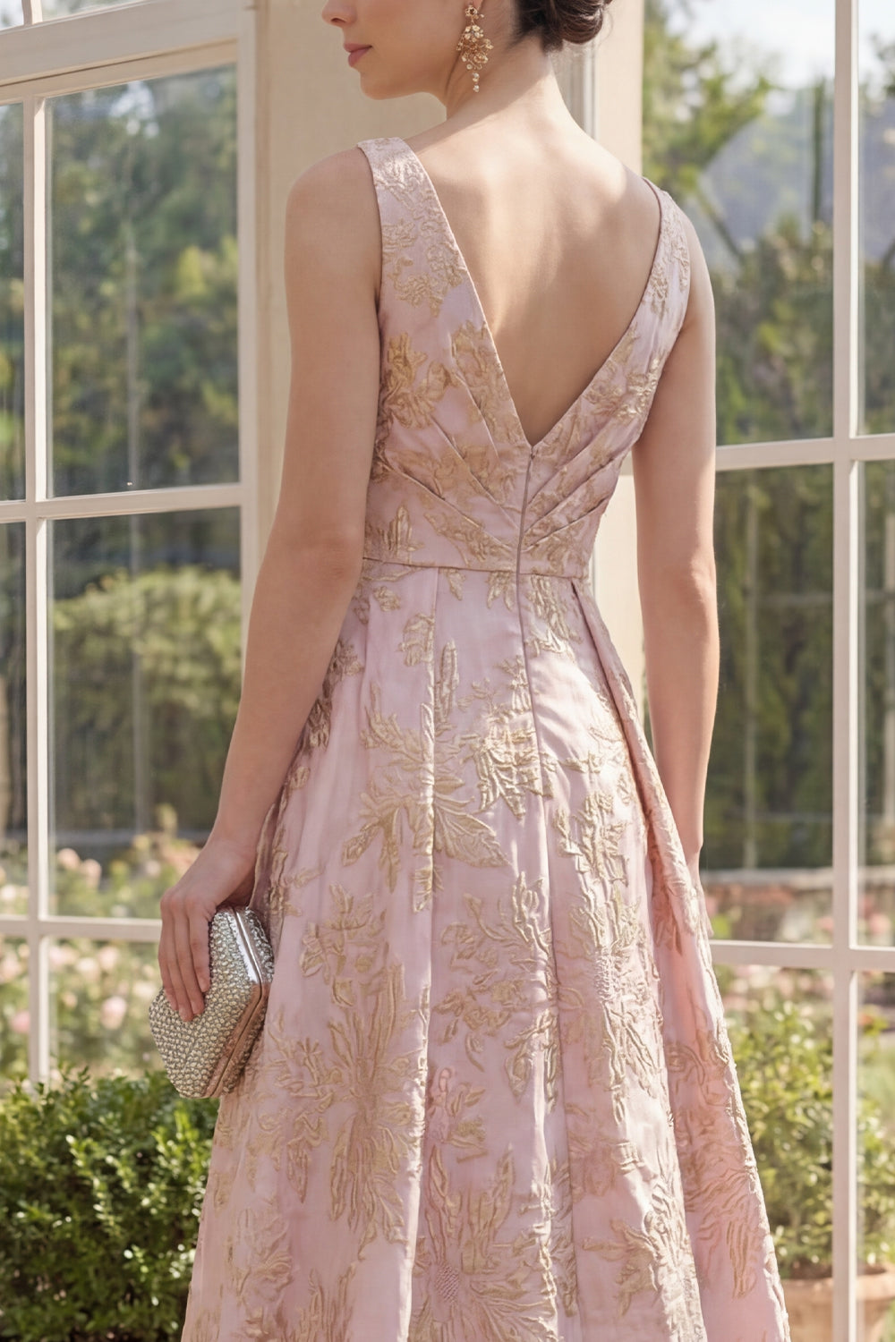 High Low Floral Blush A Line Brocade Wedding Guest Dress