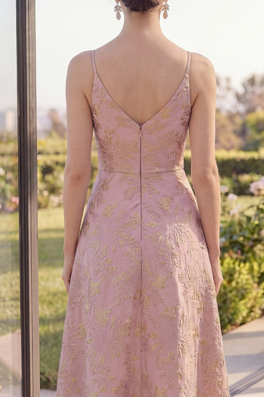 Floral Blush A Line Ruched Brocade Wedding Guest Dress