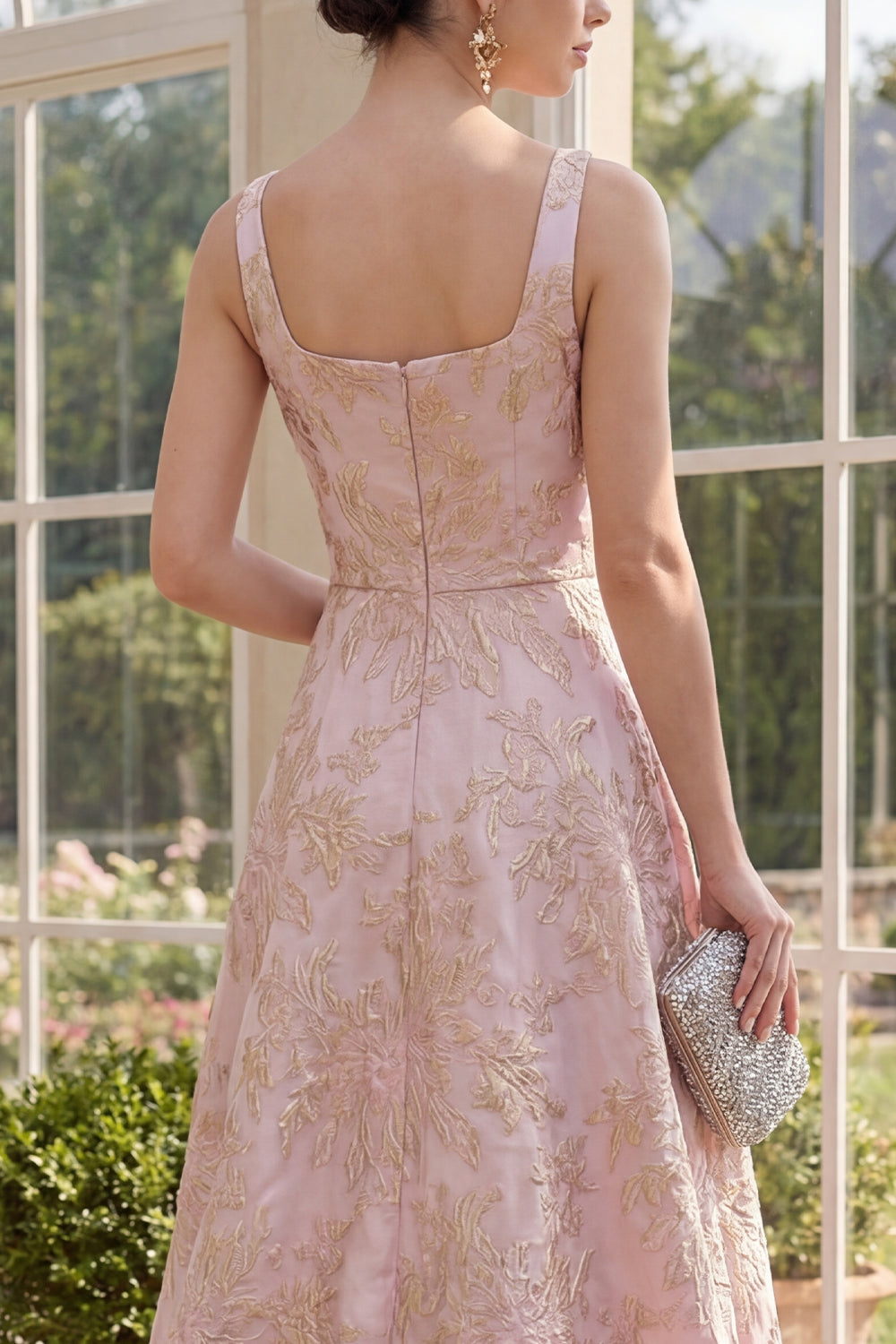 Floral Blush A Line High Low Brocade Wedding Guest Dress