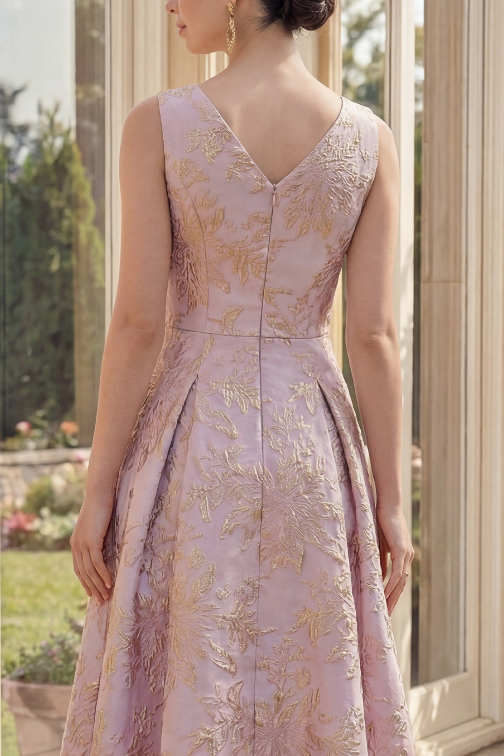 A Line Floral Dusty Lilac Brocade Midi Wedding Guest Dress