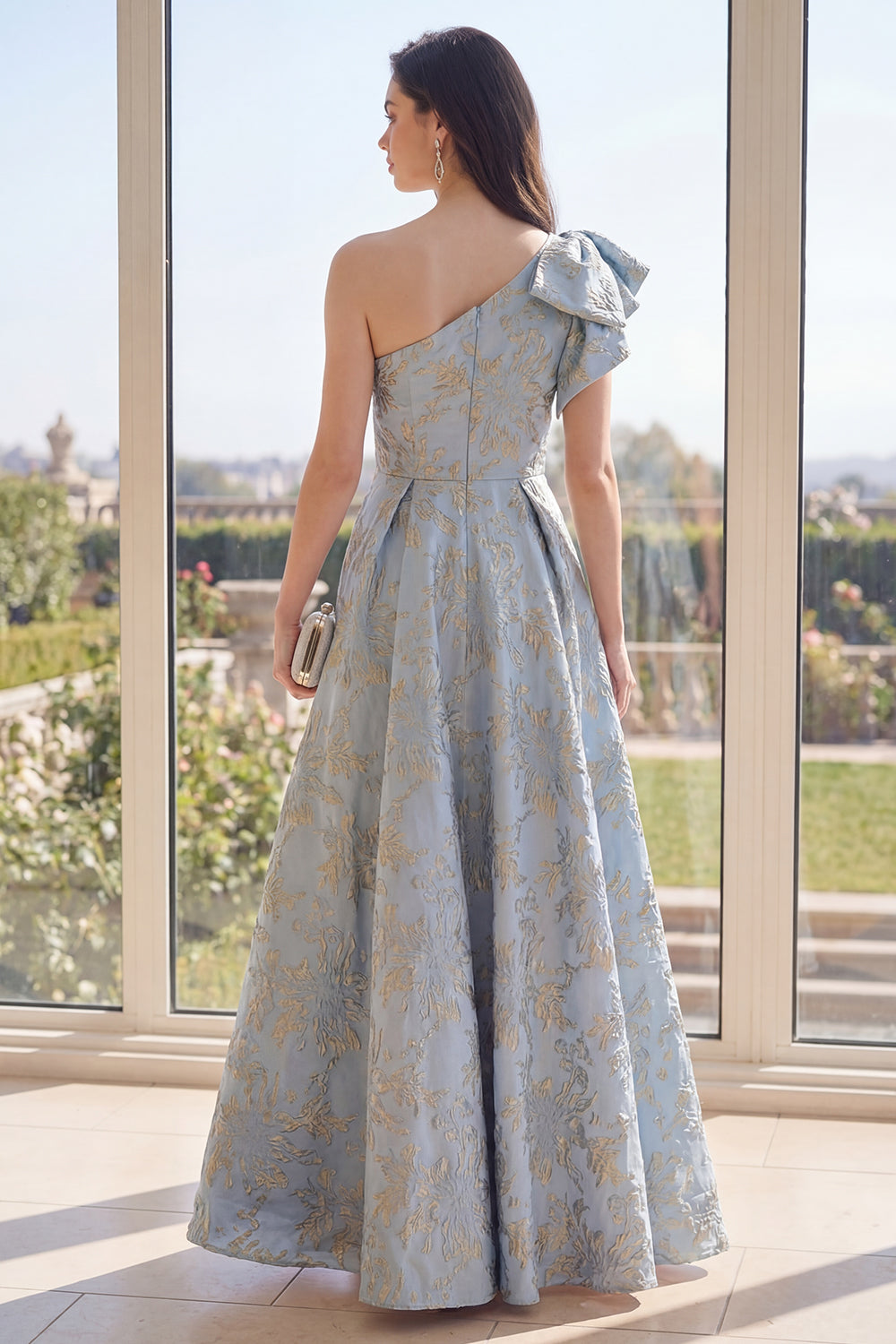 One Shoulder Dusty Blue Floral A Line Brocade Wedding Guest Dress