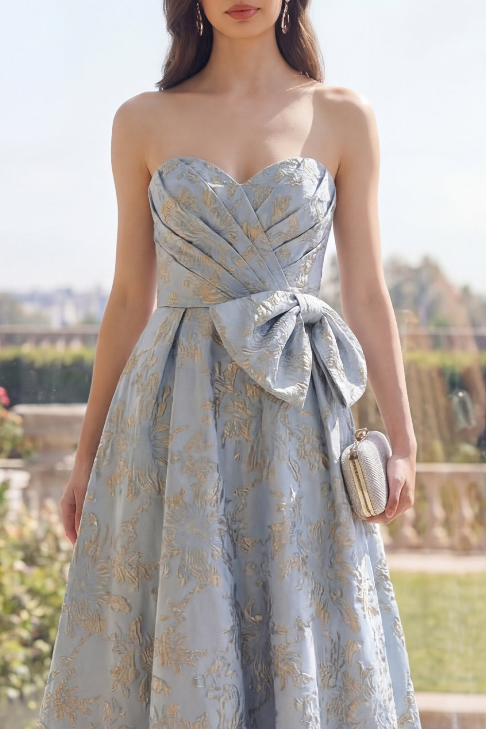 Strapless Dusty Blue Floral A Line Ruched Wedding Guest Dress with Bow