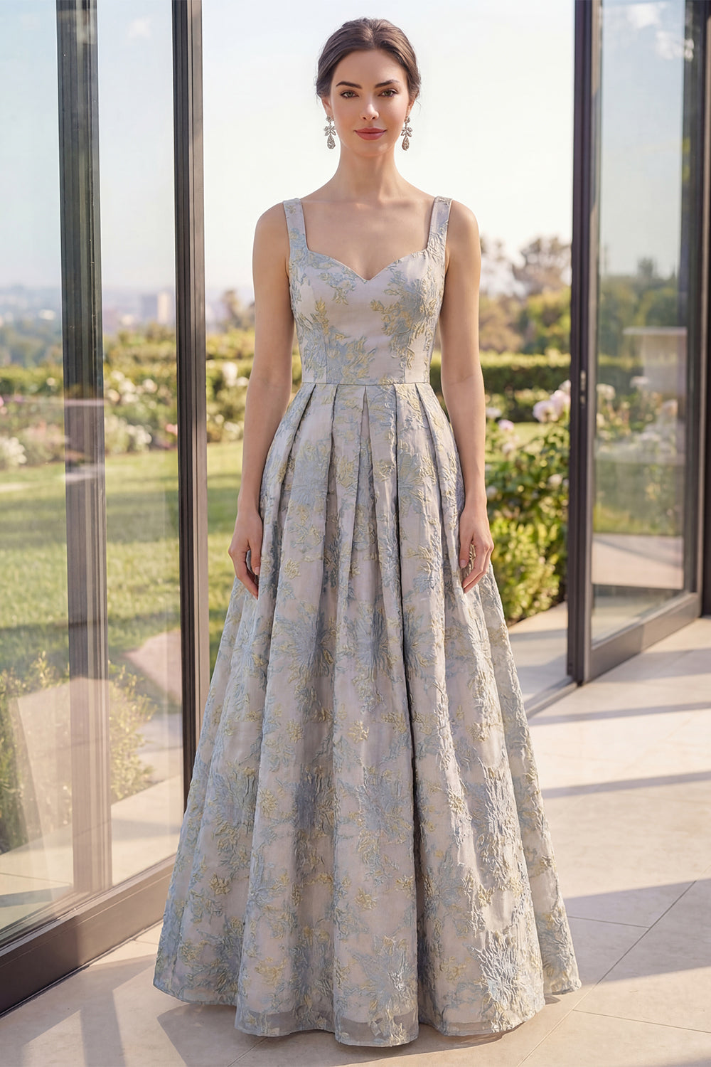 Dusty Blue Floral A Line Pleated Maxi Wedding Guest Dress