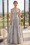 Dusty Blue Floral A Line Pleated Maxi Wedding Guest Dress