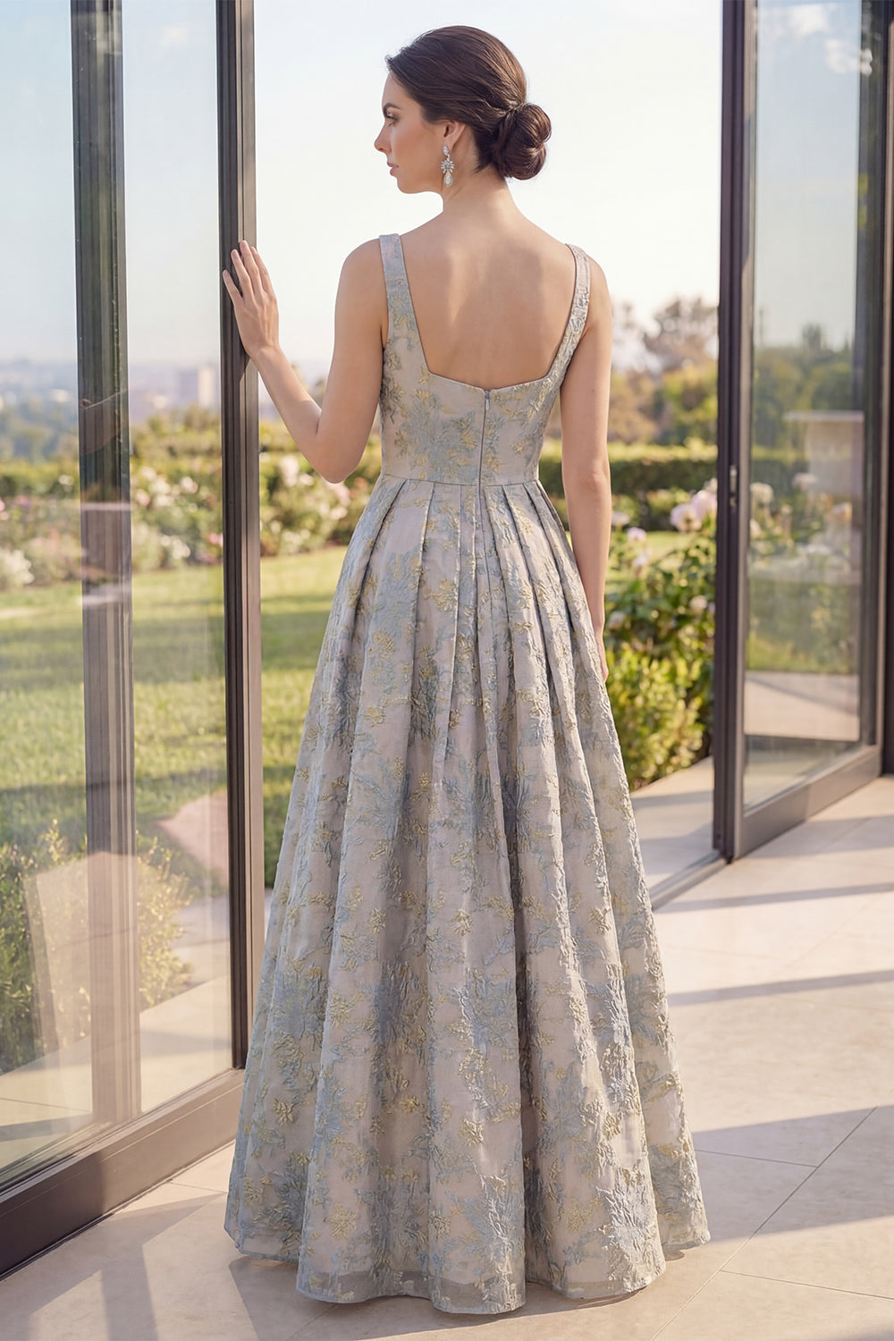 Dusty Blue Floral A Line Pleated Maxi Wedding Guest Dress