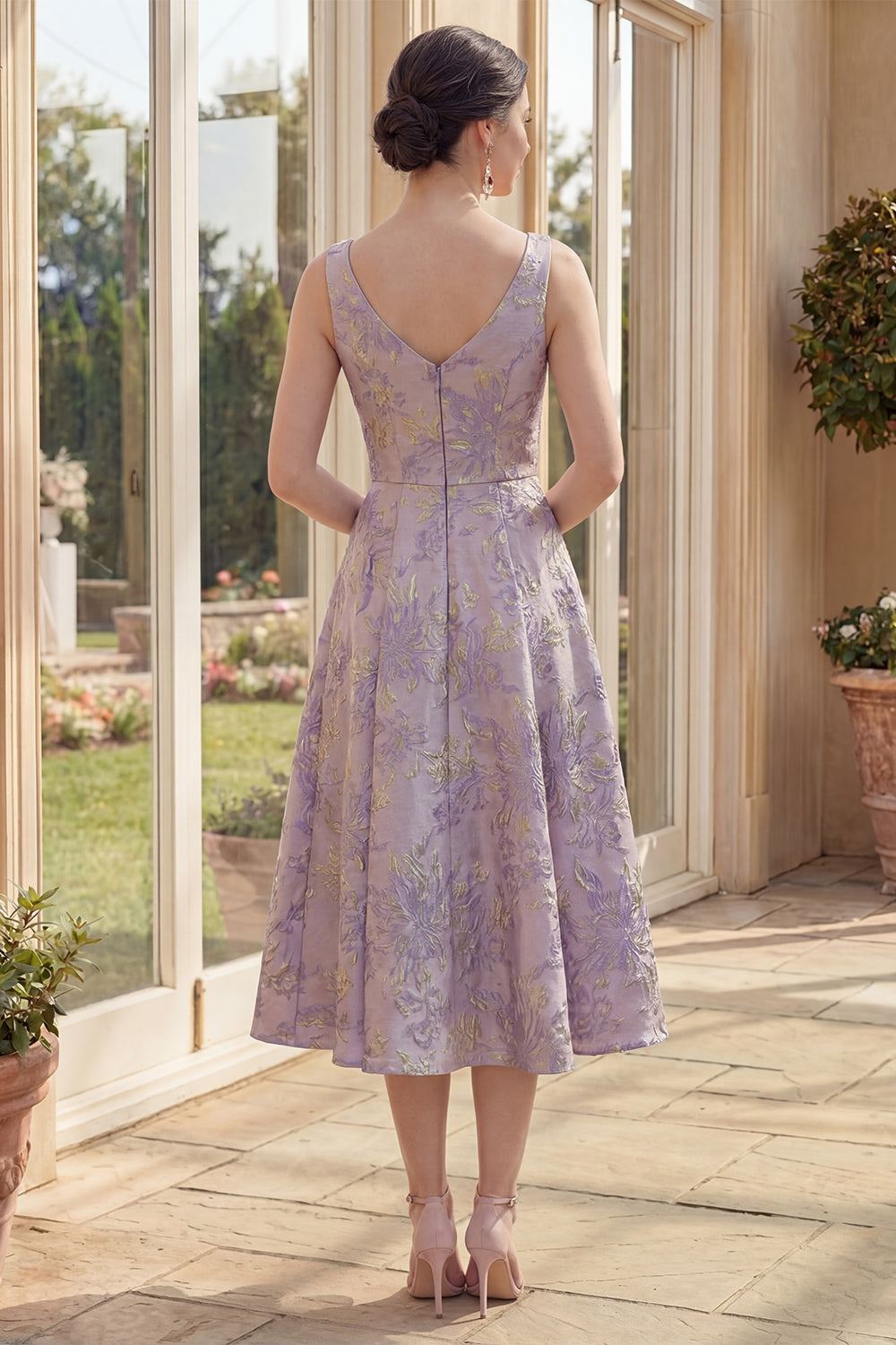 A Line Floral Brocade Dusty Lilac Midi Wedding Guest Dress
