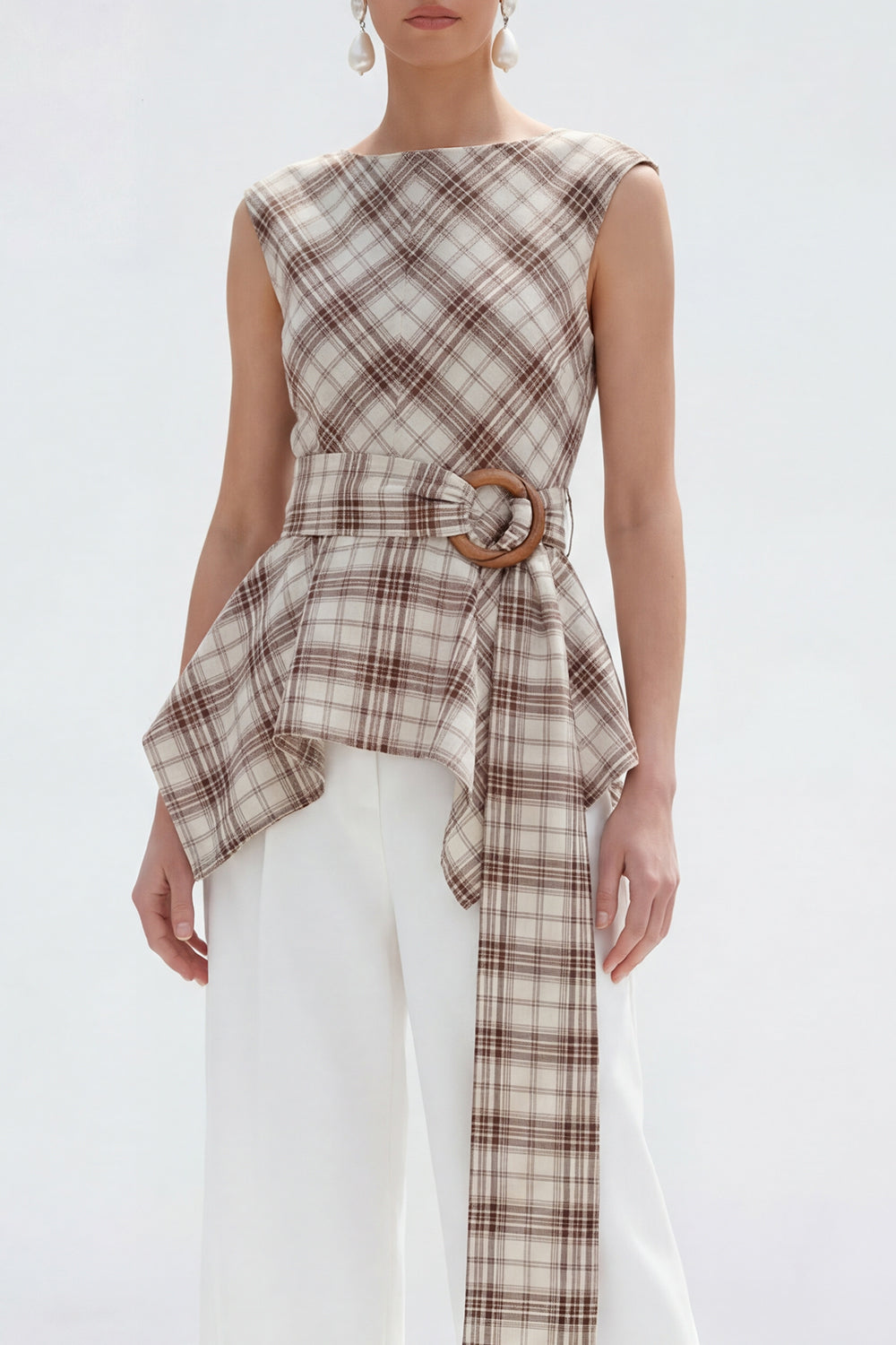 2 Piece Bateau Neck Grey Grid Women's Linen Suits with Belt