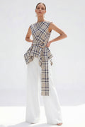 2 Piece Bateau Neck Grey Grid Women's Linen Suits with Belt