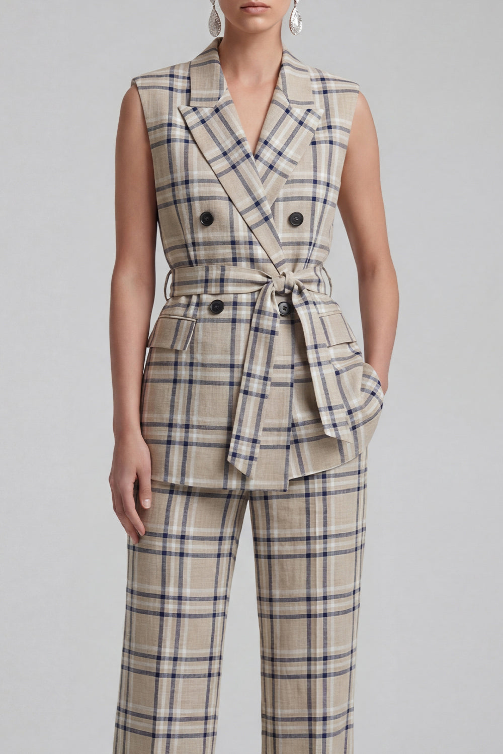 Grey Grid 2 Piece Peaked Lapel Women's Linen Suits with Pockets