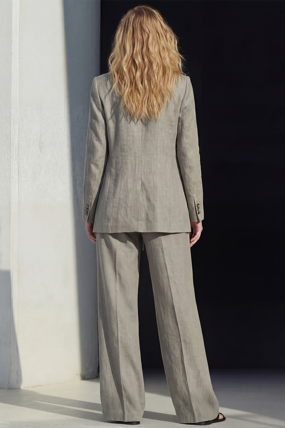 2 Piece Grey Notched Lapel Women's Linen Suits with Pockets