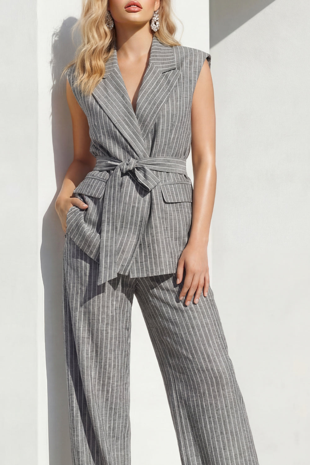 Stripe Peaked Lapel 2 Piece Grey Women's Linen Suits with Sash