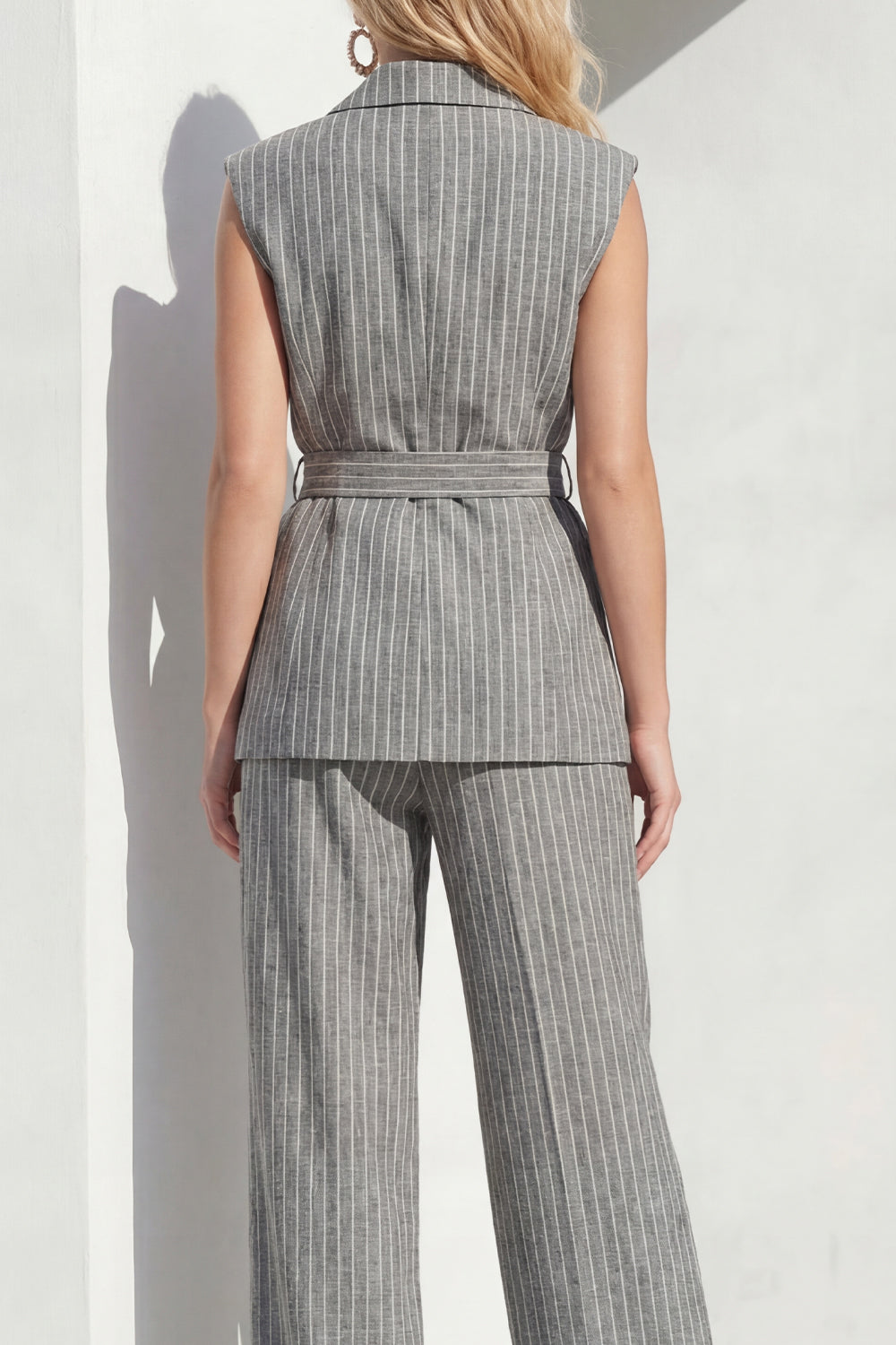 Stripe Peaked Lapel 2 Piece Grey Women's Linen Suits with Sash