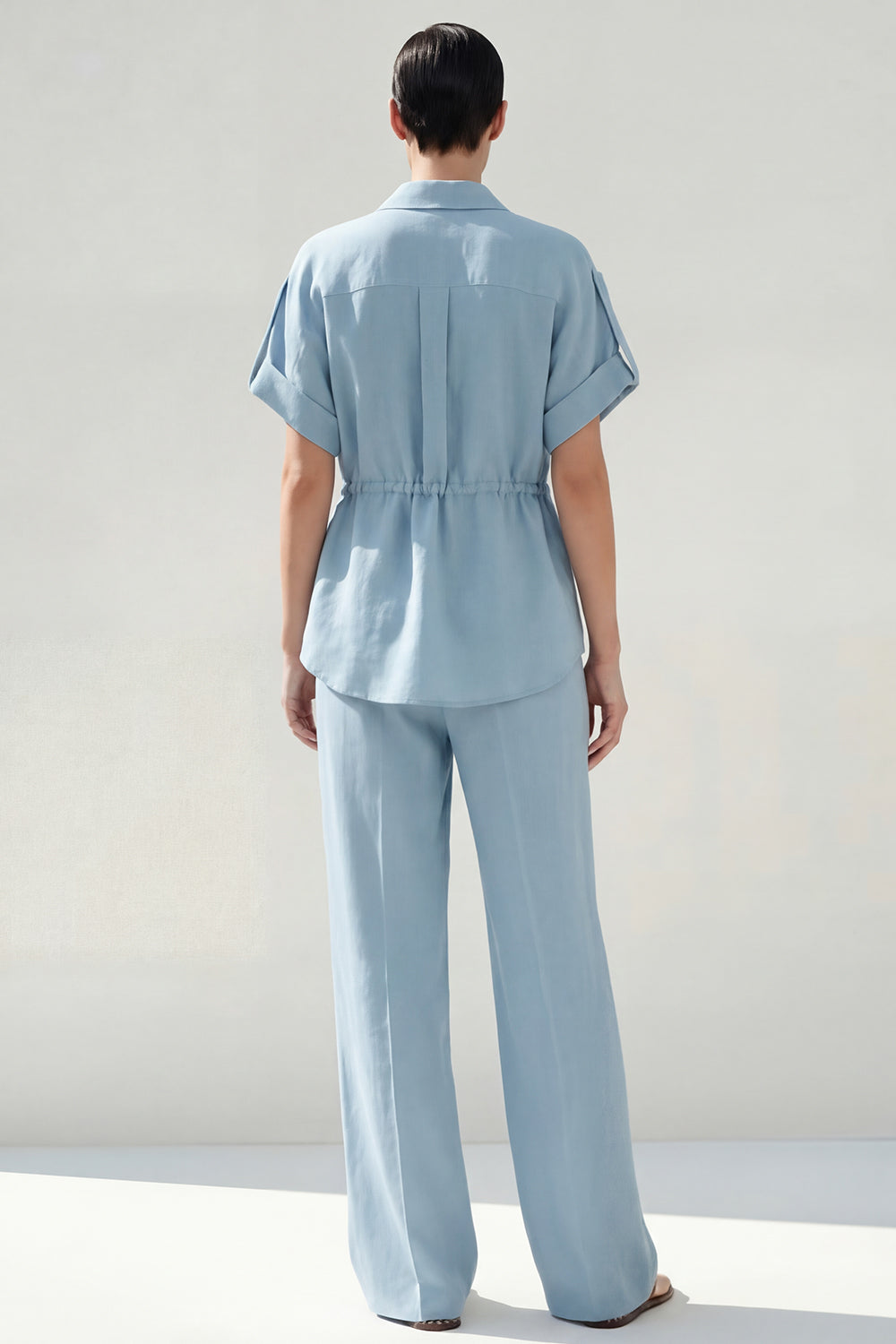 Blue 2 Piece Short Sleeve Women's Linen Suits