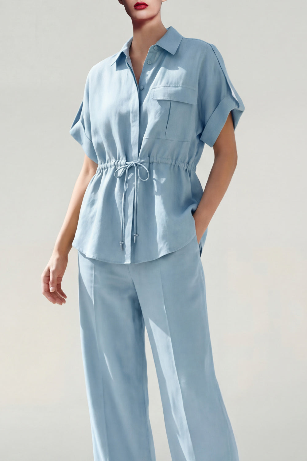 Blue 2 Piece Short Sleeve Women's Linen Suits