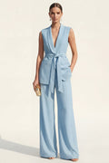 Blue 2 Piece Shawl Lapel Sleeveless Women's Linen Suits with Sash