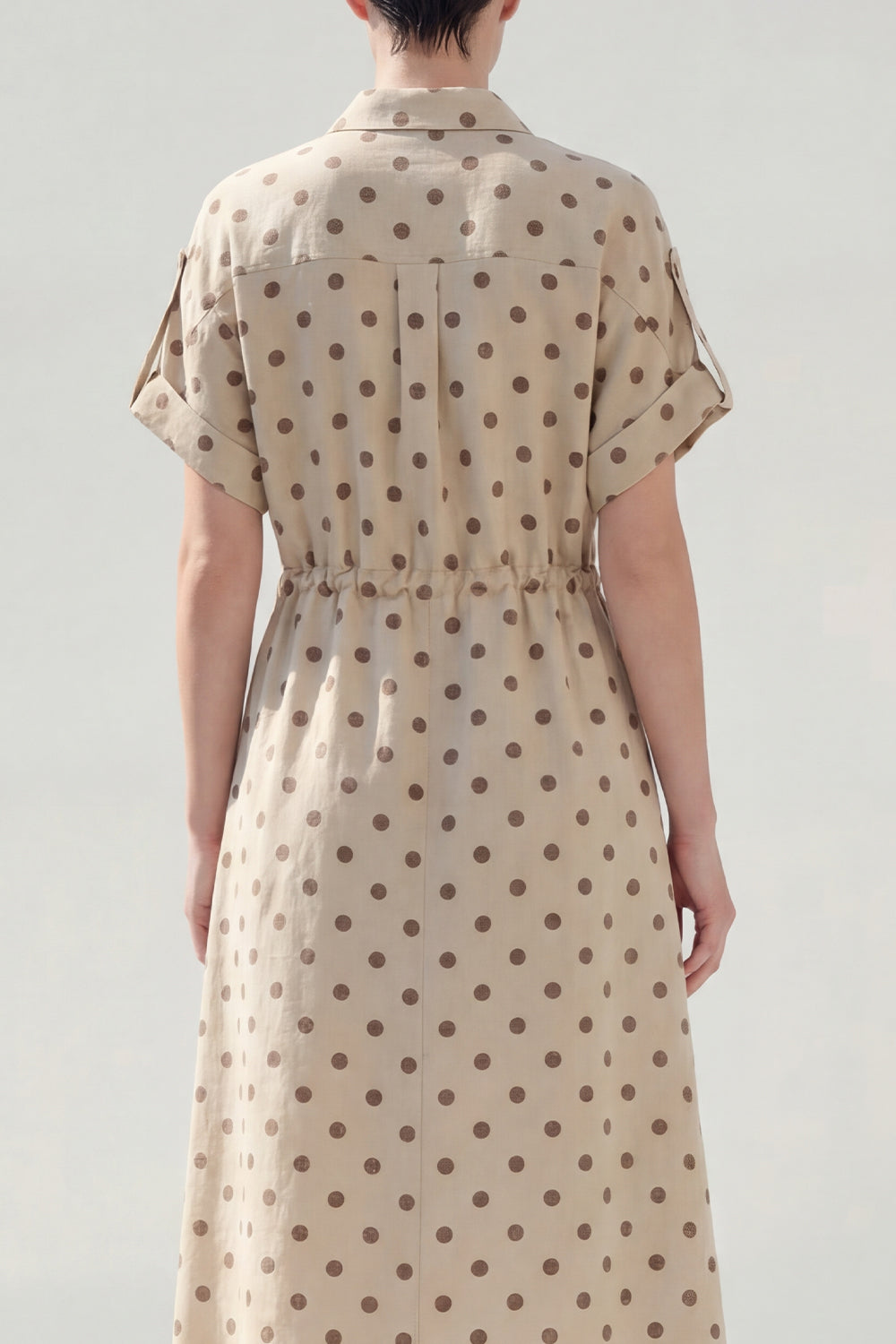 Polka Dot A Line Khaki Midi Work Dress with Short Sleeves