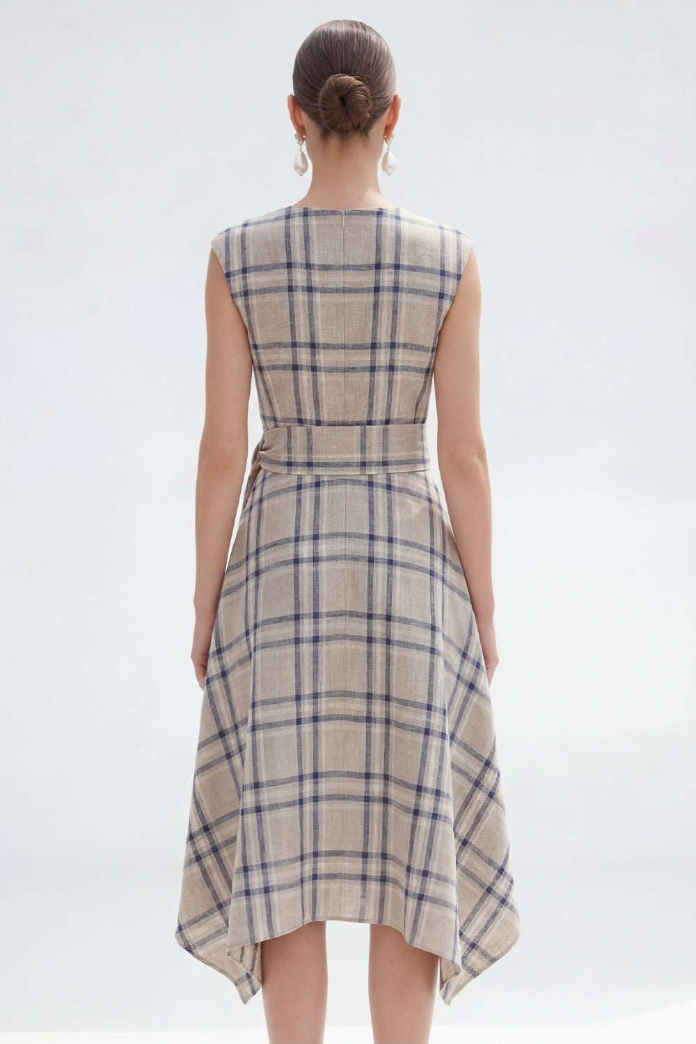 Plaid A Line Grey Grid Bateau Neck Midi Work Dress