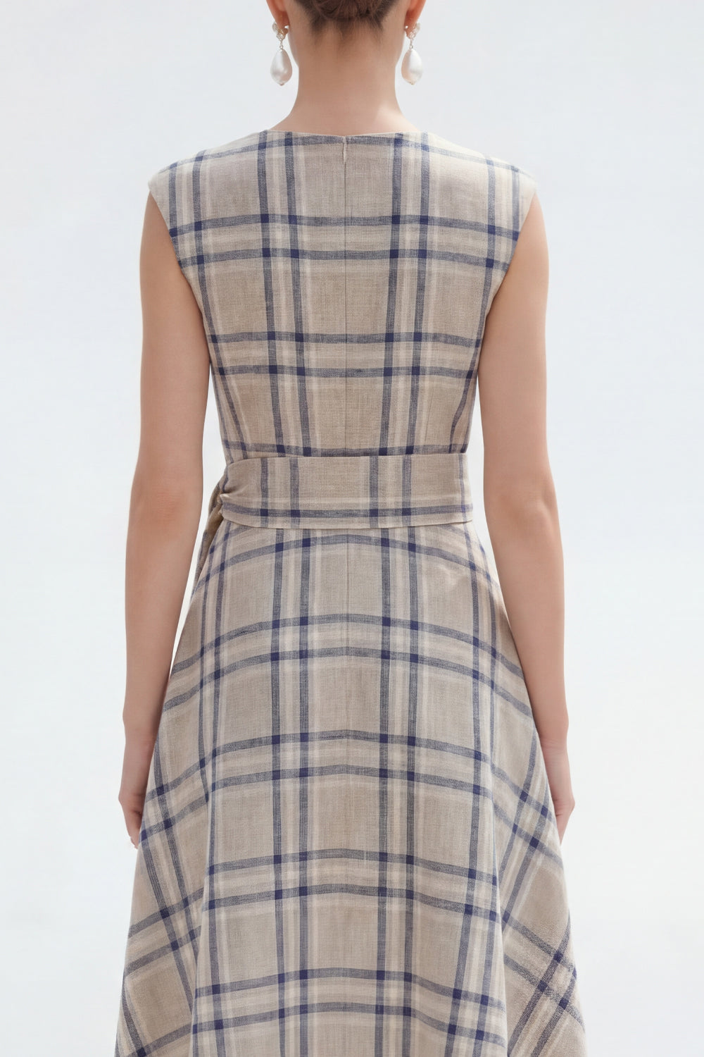 Plaid A Line Grey Grid Bateau Neck Midi Work Dress