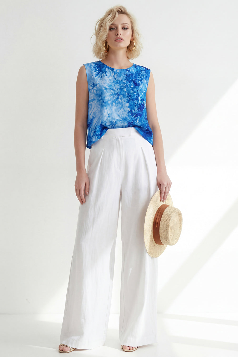 2 Piece Blue Printed Sleeveless Women's Linen Suits
