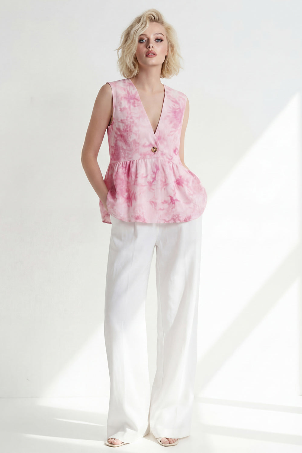 Pink 2 Piece Printed Sleeveless Women's Linen Suits