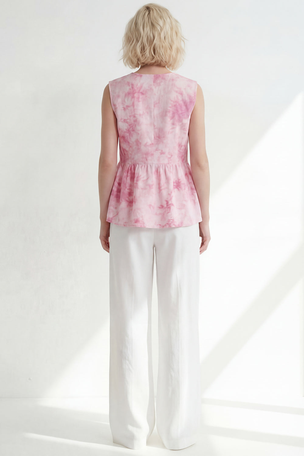 Pink 2 Piece Printed Sleeveless Women's Linen Suits