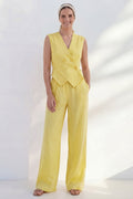 Yellow 2 Piece V Neck Sleeveless Women's Linen Suits